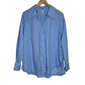 Free People Button Up Shirt Womens Medium Blue Pinstripe Long Sleeve Oversized